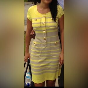 RARE Cache Yellow/Gray Striped Dress w/ Classy Gold Toggle Clasps Size 8